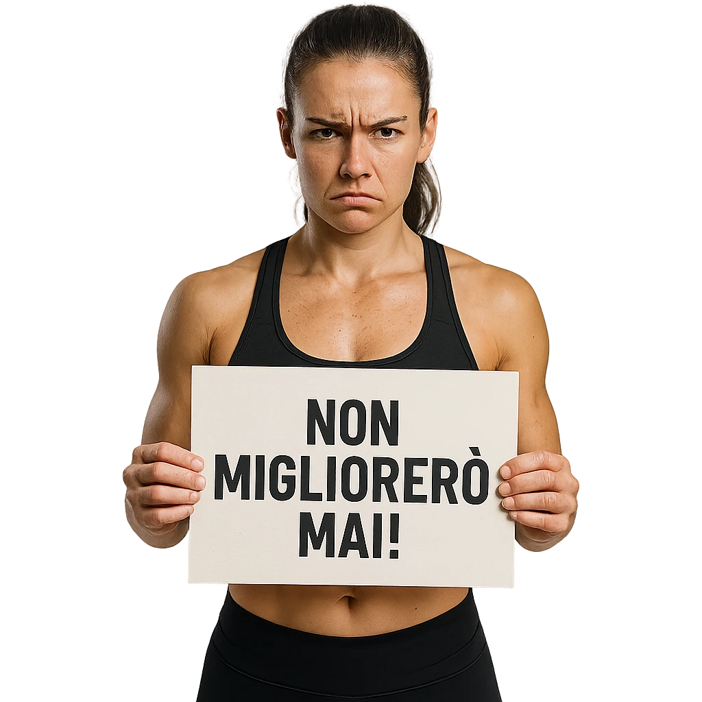 DONNA FITNESS CHE TIENE UN CARTELLO IN MANO CON LA SCRITTA "NON MIGLIORERò MAI!", iperrealistico 4k emoji