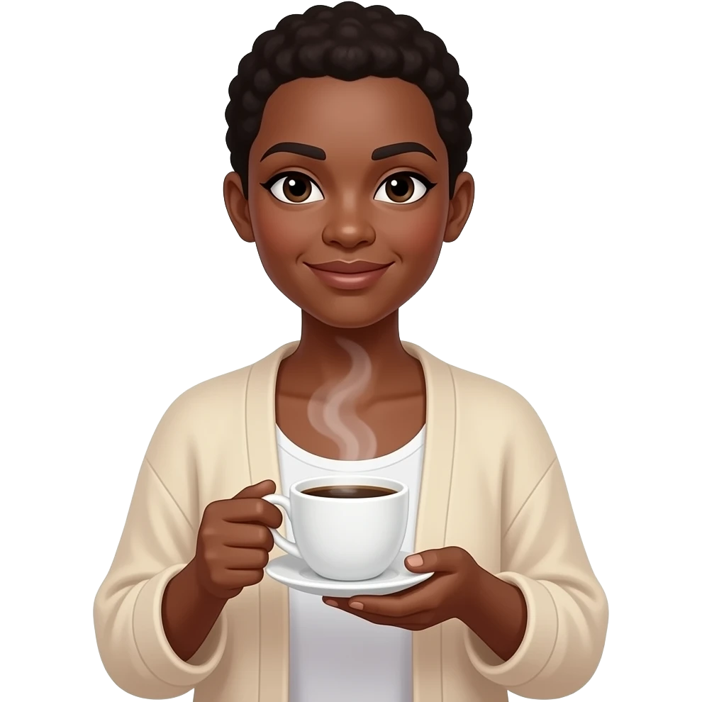 BLACK BALD WOMAN  IN FLOWY CARDIGAN HOLDING A CUP OF COFEE emoji