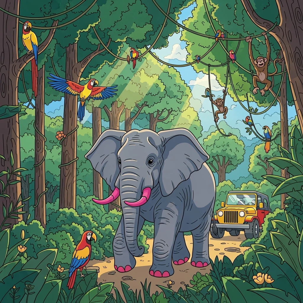 digital illustration of jungle safari in the style of children's story book emoji