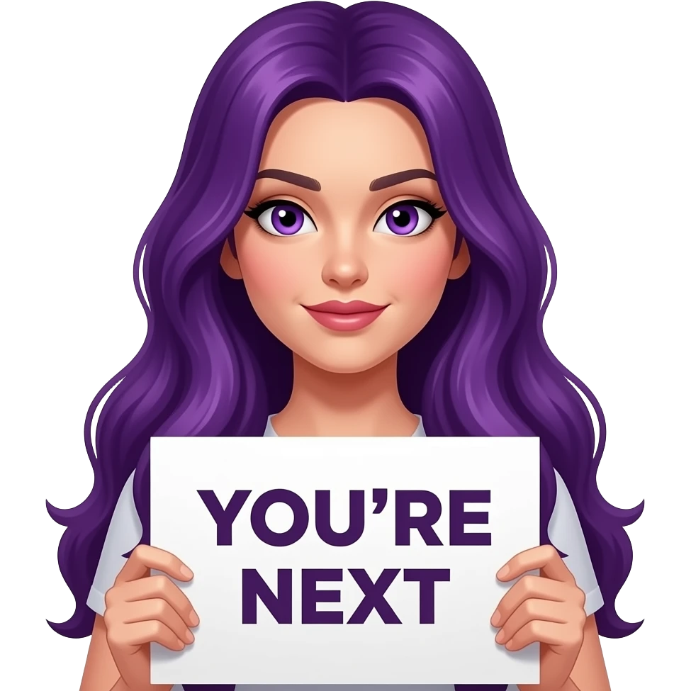 sexy girl with long purple hair and purple eyes holding a YOU'RE NEXT sign emoji
