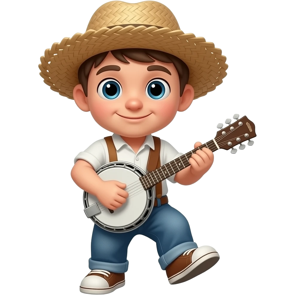 Little mini emoji wearing straw hat playing banjo stomping his foot emoji