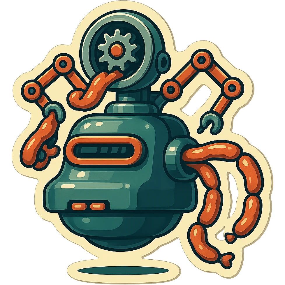 sausage-processing droid. retro-futuristic style. top is a large circular industrial grinder rotating gears and blades. Two robotic arms feed material into grinder. Sausage links extrude from the rear like  factory. The body is metallic, compact, and floats above the ground.no legs. Dark humor emoji