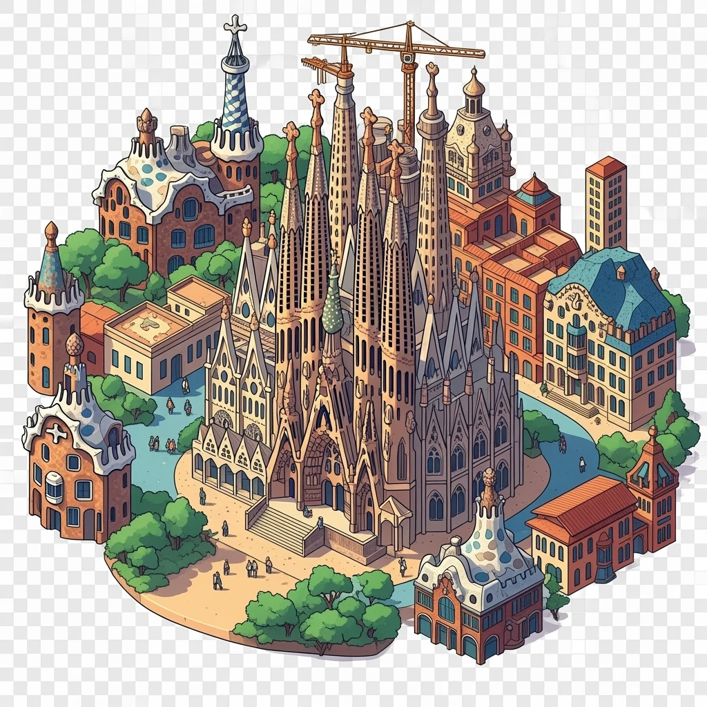 Isometric illustration of Barcelona, featuring Sagrada Familia with intricate spires, highly detailed in semi-realistic style with sharp outlines, balanced between stylized and realistic, 3D miniature effect, transparent background. emoji