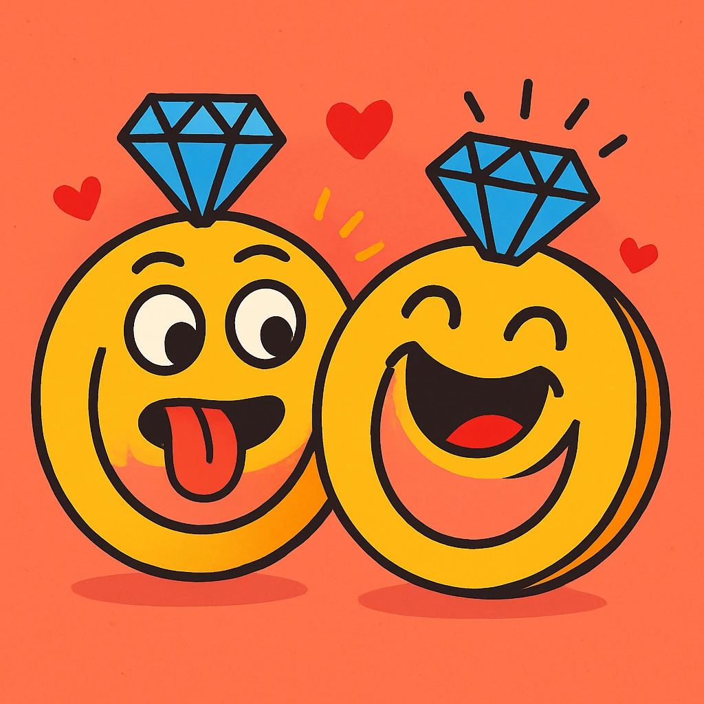 pair of wedding rings with faces, one making a silly face and the other laughing, fun and lighthearted for wedding celebrations emoji