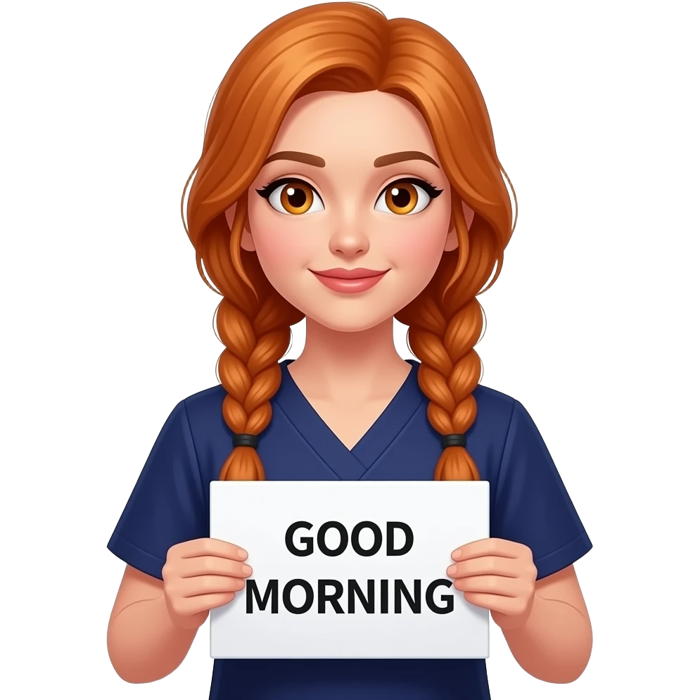 sexy girl with long ginger braids and ginger eyes wearing a dark blue scrubs is holding a sign with GOOD MORNING written on it emoji