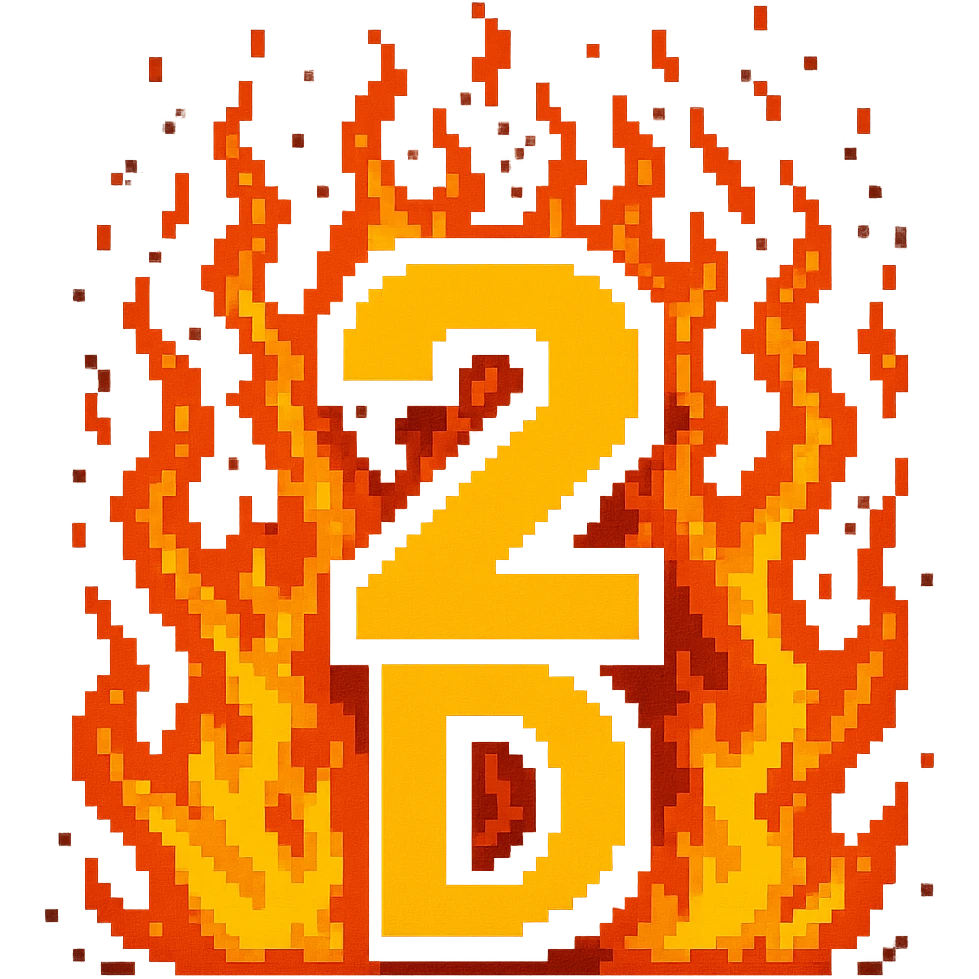 The number 2 with the letter D under it and fire, pixel art emoji