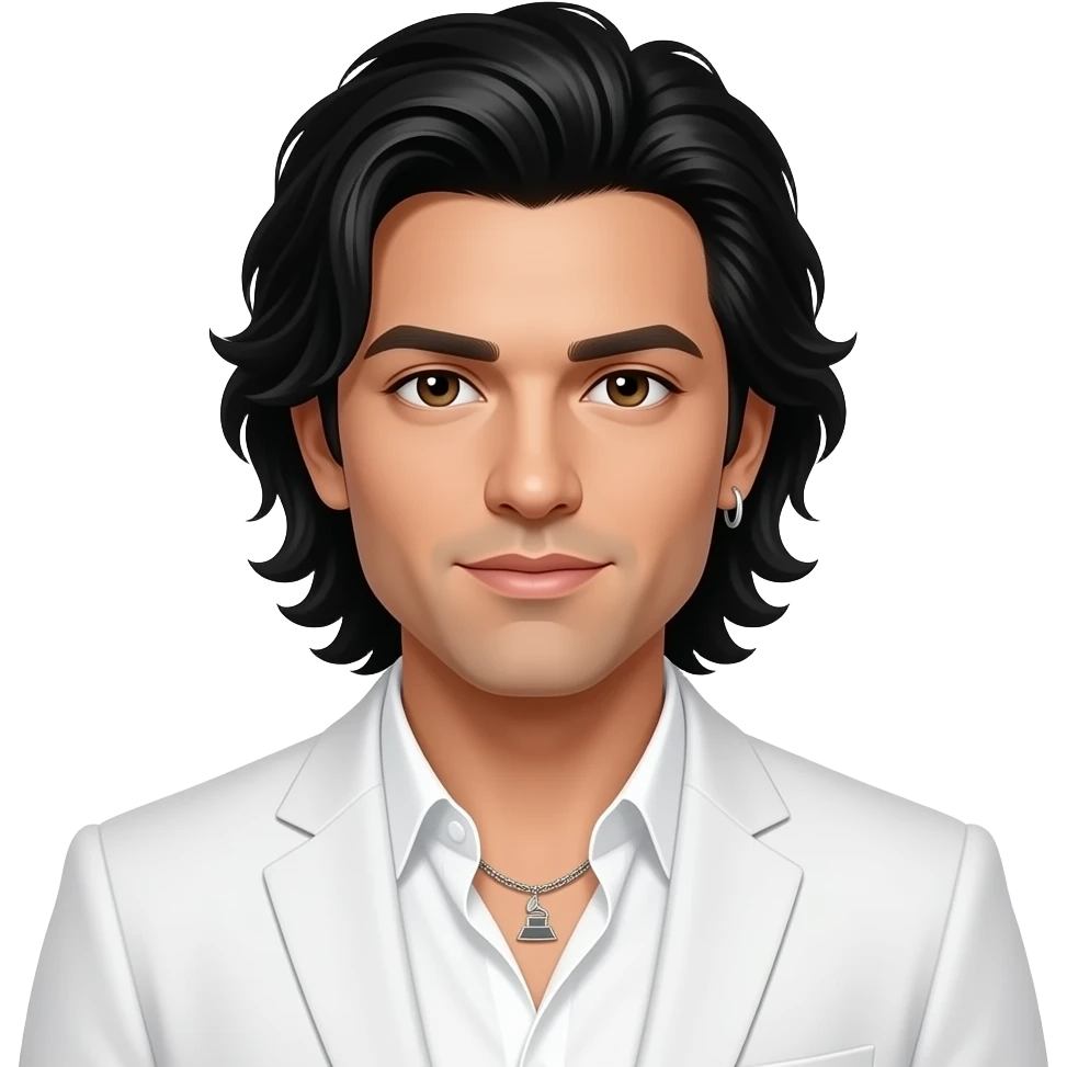 Howie Dorough from Backstreet Boys with brown eyes, long black hair, white grammy shirt and white suit jacket, necklace and one earring emoji