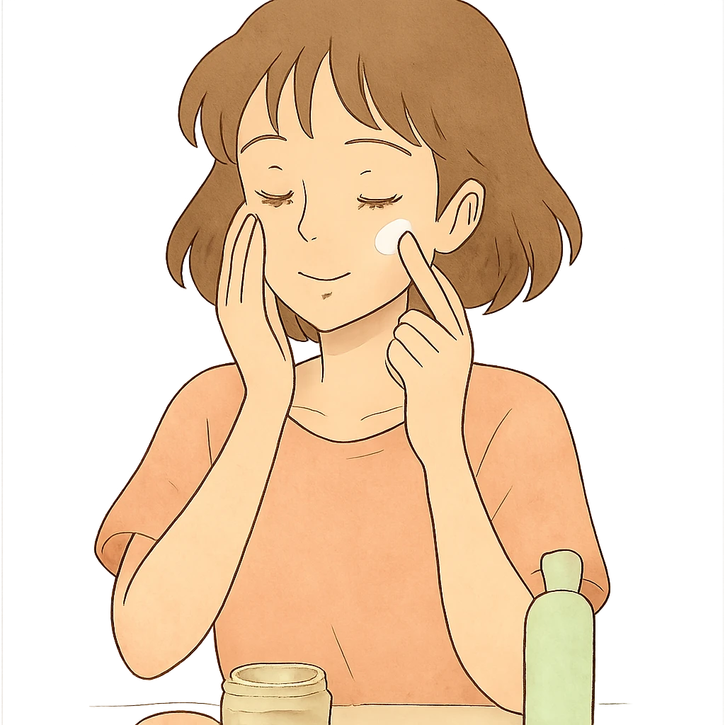 ghibli style girl making skincare, soft colors, gentle expression emoji