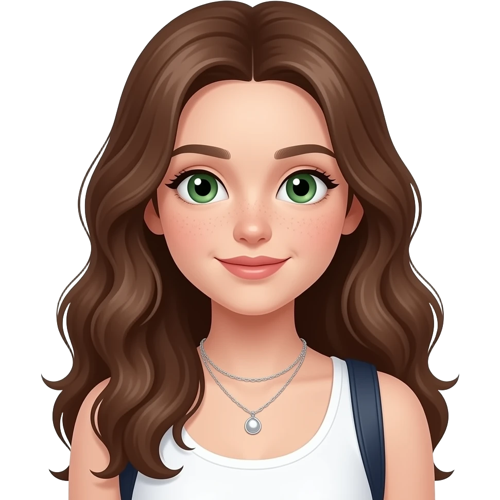 CUTE PRETTY FACE PALE GIRL PREPPY WITH not volominous WITH WAVEY LONG BROWN HAIR, FRECKLES AND GREEN EYES IN CUTE WHITE TOP WITH SILVER NECKLES, STUDY GIRL emoji