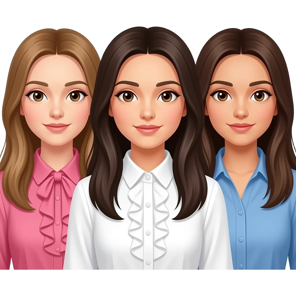 Tres amigas una castaña clarito pelo liso largo ojos marrones con una blusa de volantes rosa,una pelo moreno y liso largo ojos marrones con una blusa de volantes blanca,una con pelo liso marrón ojos marrones y una blusa azul. que se les vea bien a las tres emoji
