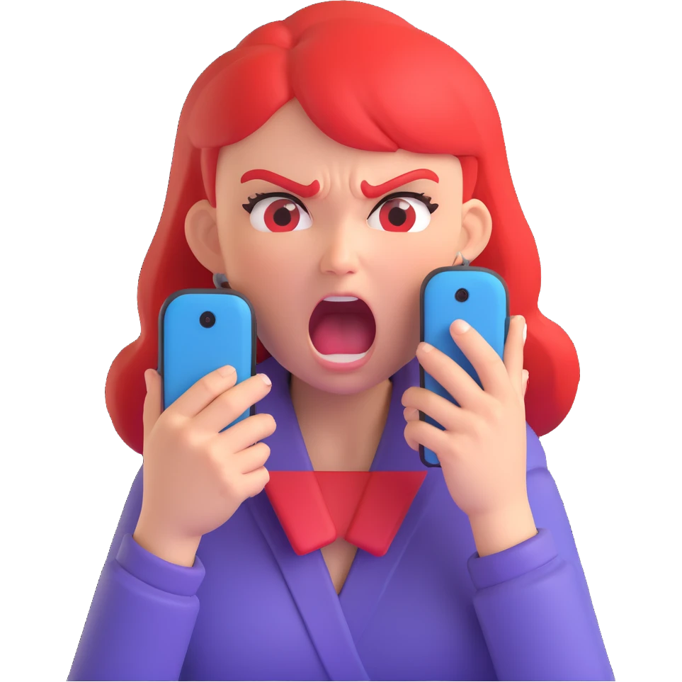 girl with an angry face shouting at her phone, dramatic, hands gripping device emoji