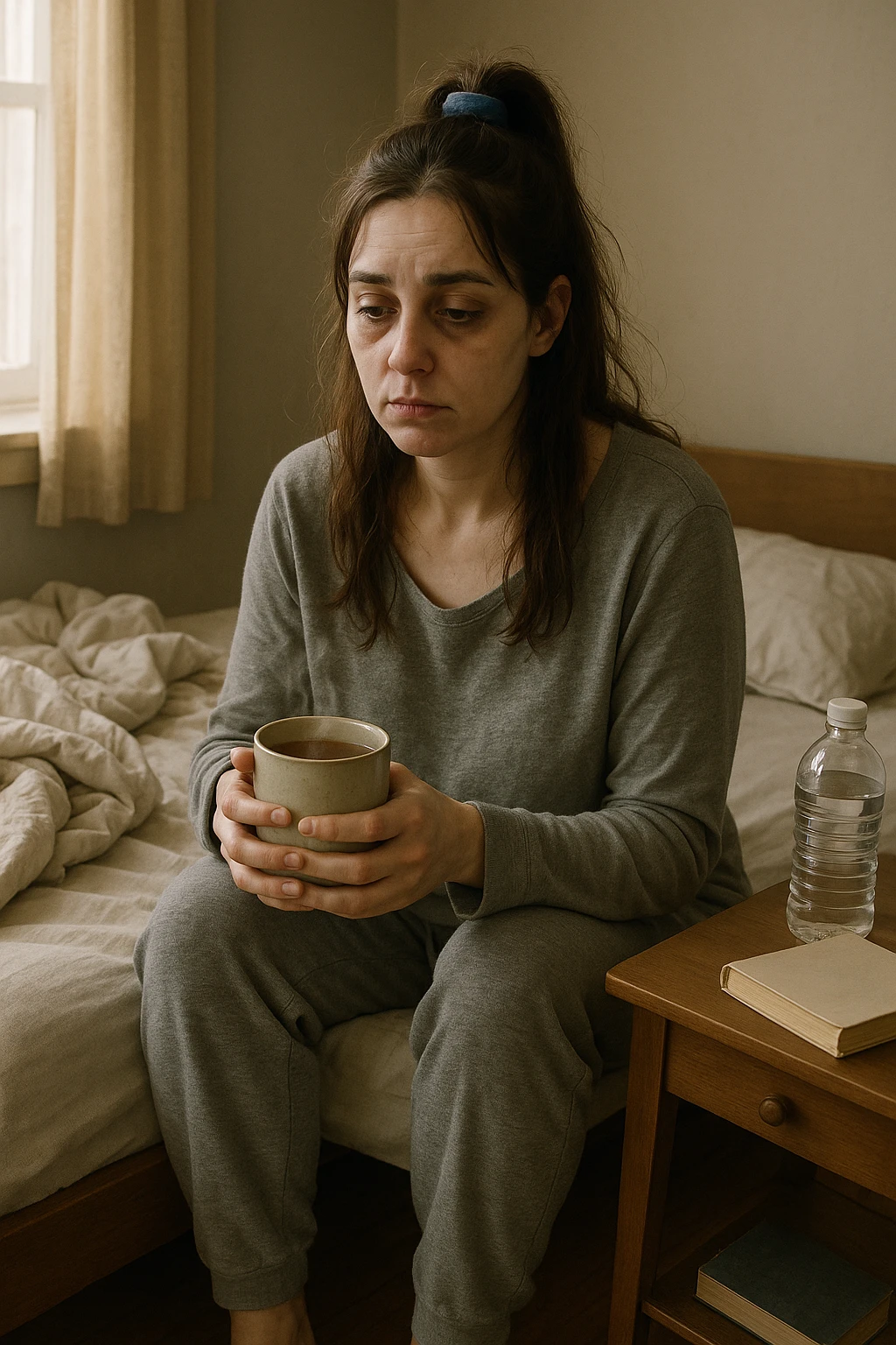 A realistic, cinematic illustration of a woman in her early 30s with a tired, pale appearance, sitting on the edge of her bed in a softly lit bedroom during the morning, looking exhausted and drained. Her posture is slightly slouched, and dark circles are visible under her eyes. She wears comfortable loungewear, holding a warm cup of herbal tea in her hands, seeking comfort. The scene includes a cozy yet slightly messy room with a blanket, a water bottle, and a book on the nightstand, emphasizing chronic fatigue. Soft natural light comes through the window, highlighting her expression of persistent tiredness despite rest, capturing the invisible struggle of chronic fatigue syndrome while maintaining dignity and a gentle aesthetic. emoji