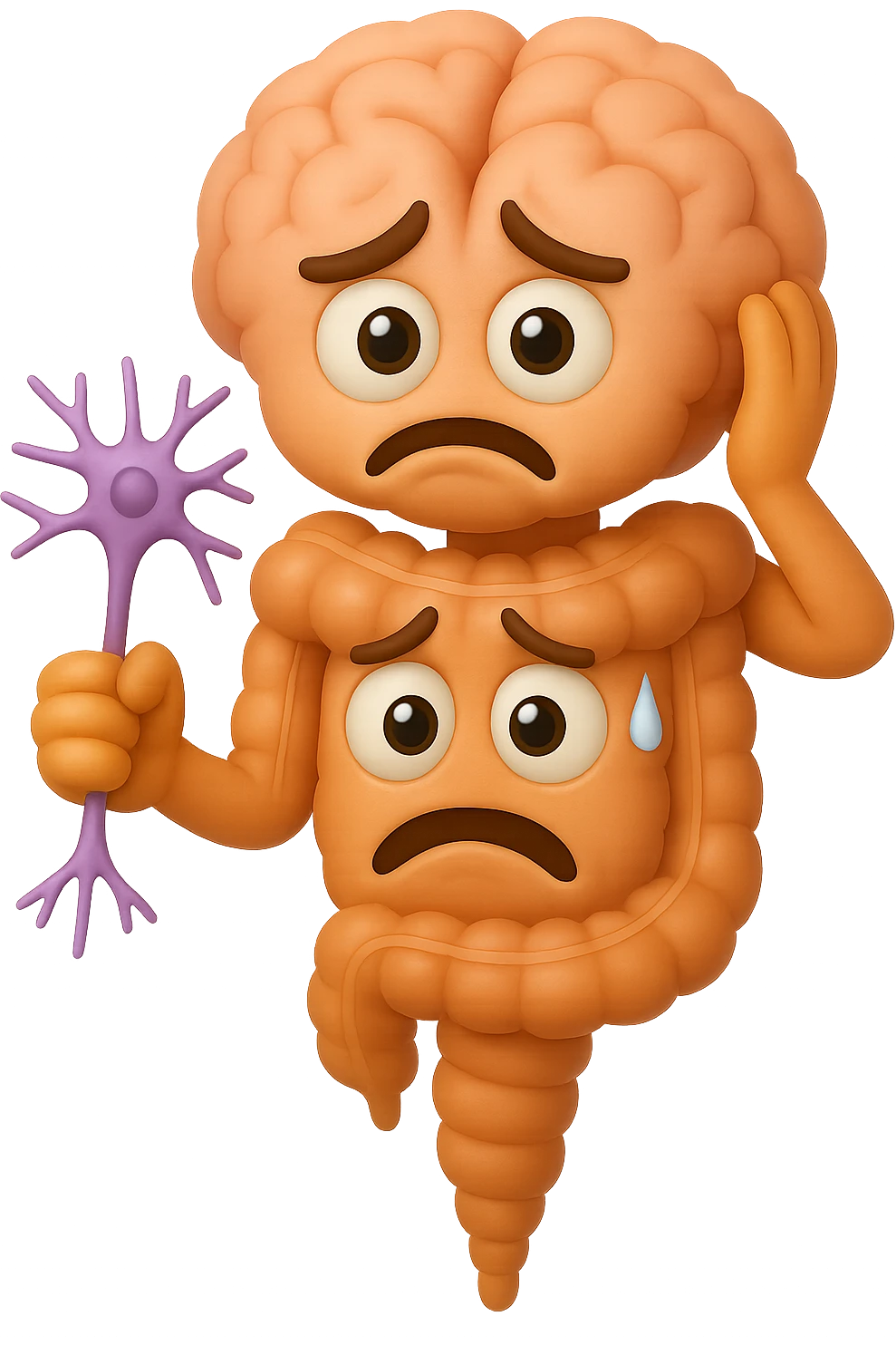EMOJI STILE IPHONE DI UN INTESTINO collegato verticalmente ad un cervello mentre tiene in mano un neurone, espressione stressata, IPERREALISTICO 4K emoji