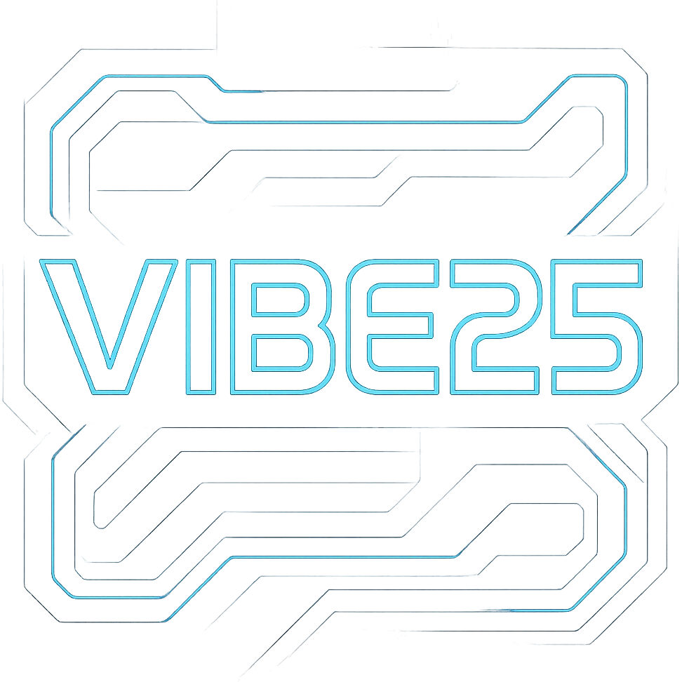 VIBE25 logo in a Tron-inspired style, neon blue and black color scheme, futuristic glowing lines, digital sci-fi look, bold and sleek typography, high-tech aesthetic emoji