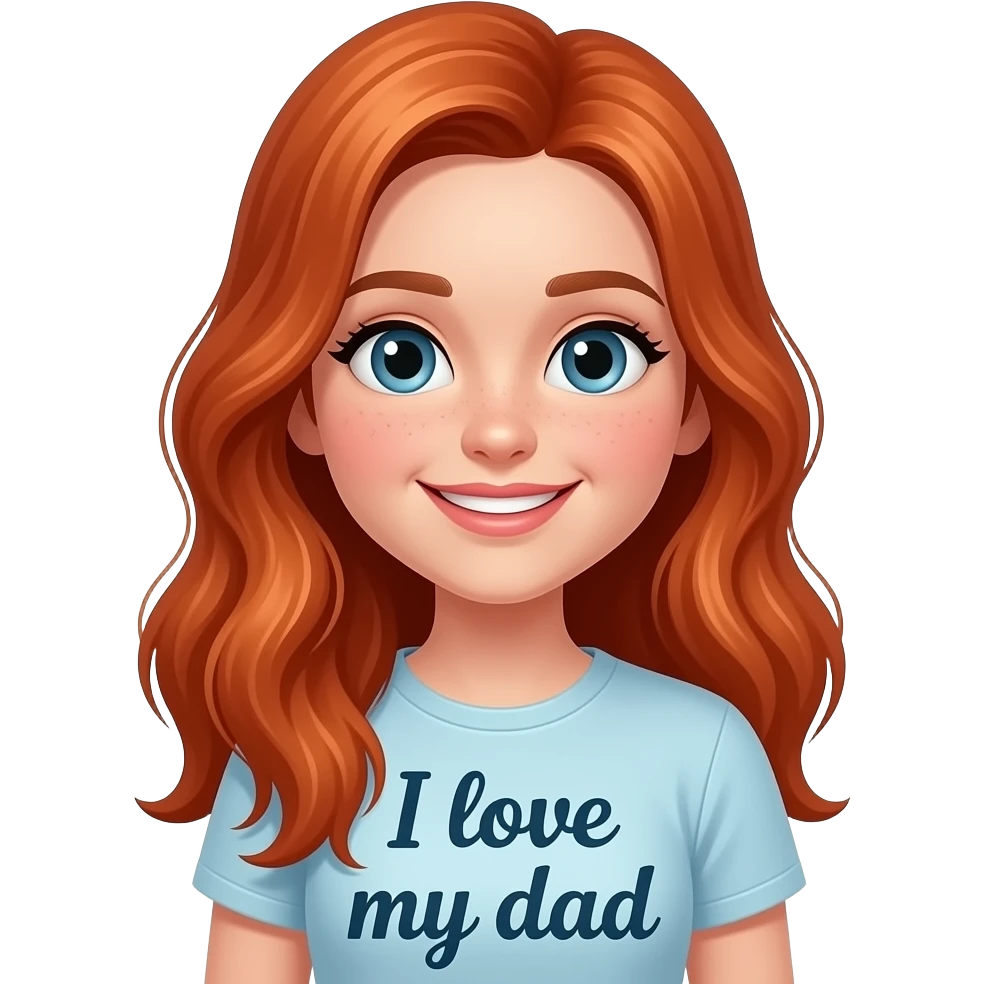 a 13 year old girl with long red hair smirking with a shirt that says I love my dad emoji