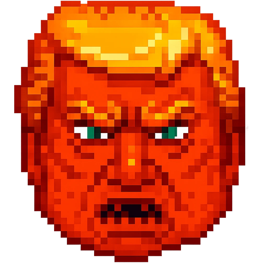 Make the face even more orange, keep the evil expression, in the style of pixel art. Remove the background. emoji