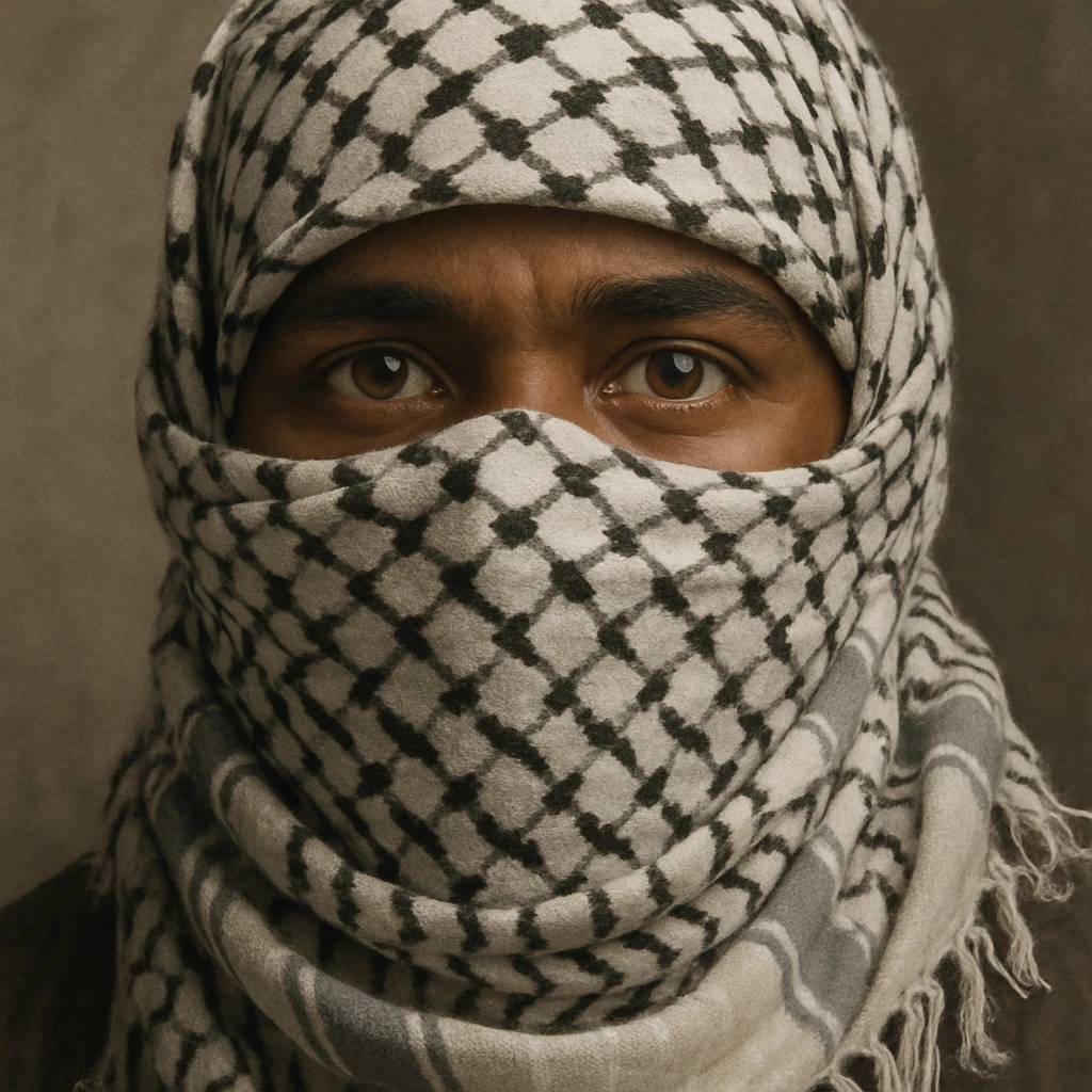 A person with brown skin, eyes visible, face fully covered by a Palestinian keffiyeh scarf emoji
