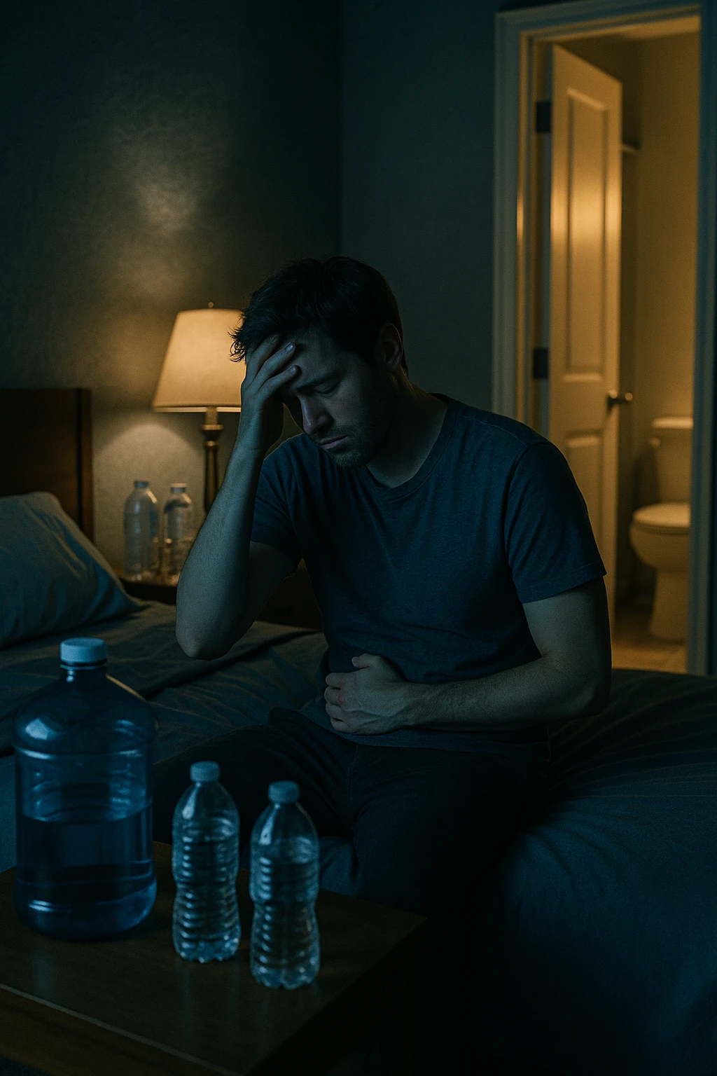 A cinematic scene of a man in his 30s sitting on the edge of his bed at night, clearly tired and frustrated. On his nightstand are several empty water bottles and a large reusable water jug, suggesting excessive hydration. A dim lamp casts soft shadows in the room, and the door to the bathroom is open with light spilling out — symbolizing repeated nightly visits. The man holds his head in one hand, while the other rests on his abdomen, eyes heavy with fatigue. The atmosphere is quiet and introspective. Cool color grading with deep blues and pale yellows enhances the nighttime mood. Style: 35mm cinematic realism, with attention to emotional detail and ambient lighting emoji
