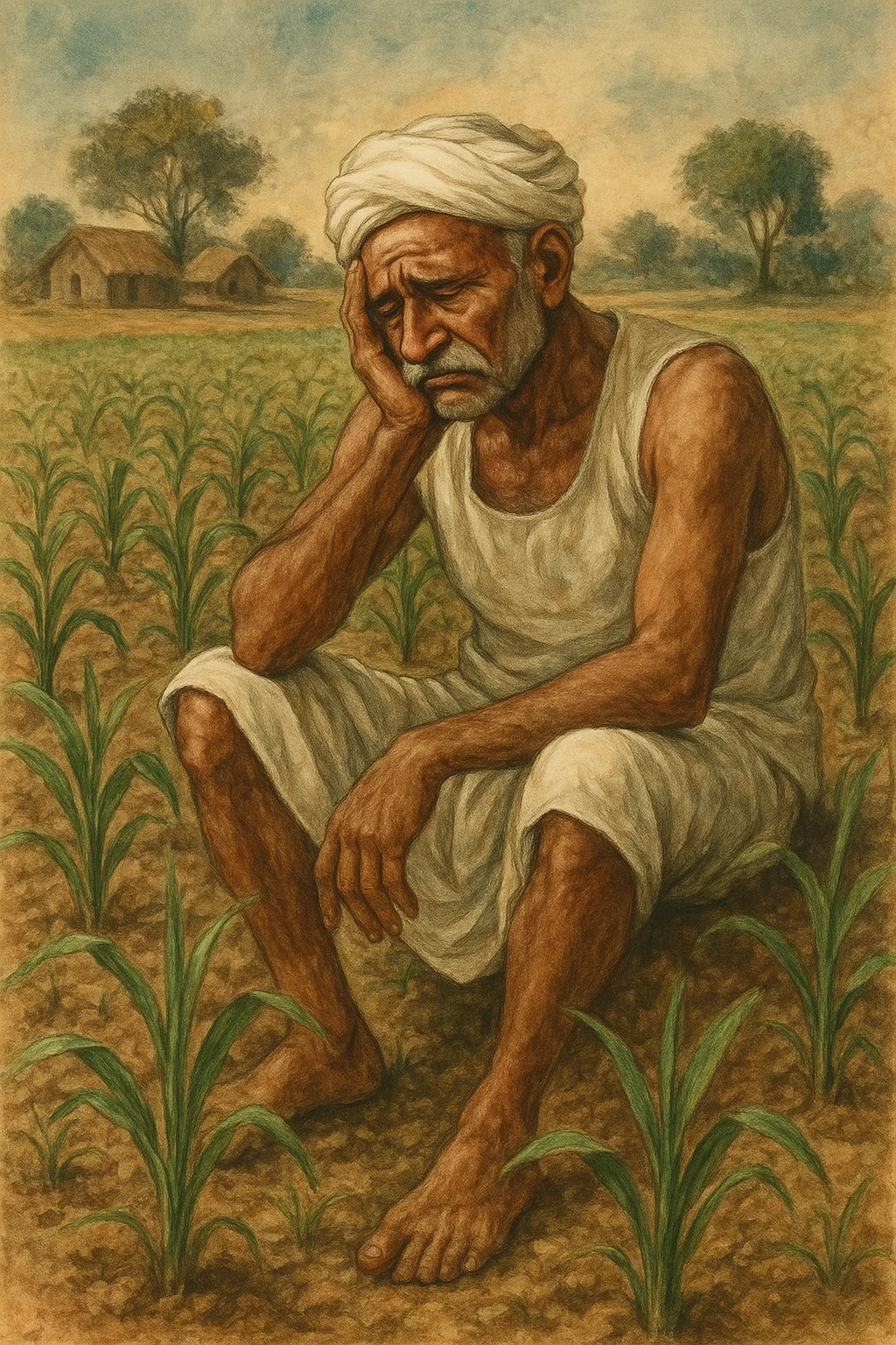 An Indian farmer in a white dhoti, sitting with a sad expression in a crop field, rustic rural scene, detailed art. emoji