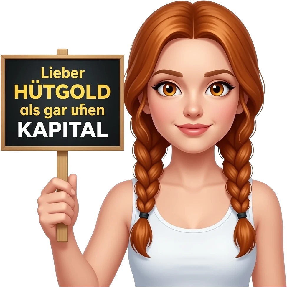 sexy girl with long ginger braids and ginger eyes wearing a white tanktop is holding a black sign with Lieber HÜFTGOLD als gar kein KAPITAL written on it emoji