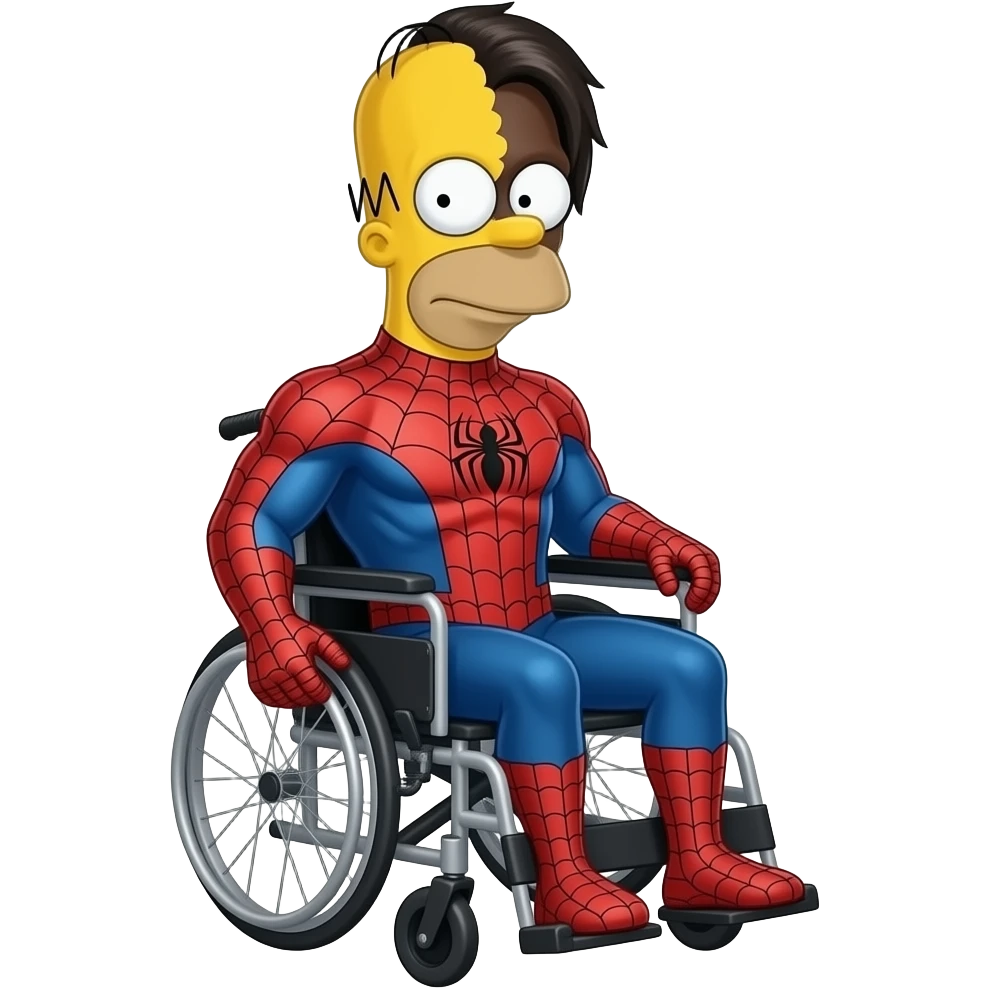 "Emoji minimalista estilo cartoon: personajes fusionados (Homer Simpson adulto + Justin Bieber + Spider-Man + persona en silla de ruedas); diseño simple, colores planos, fondo transparente." emoji