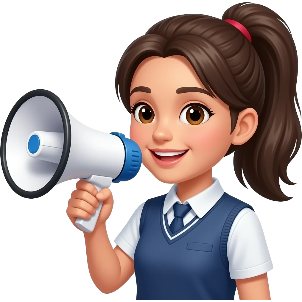 A pretty, fair-skinned high school girl with her hair tied up in a high ponytail, holding a megaphone. emoji