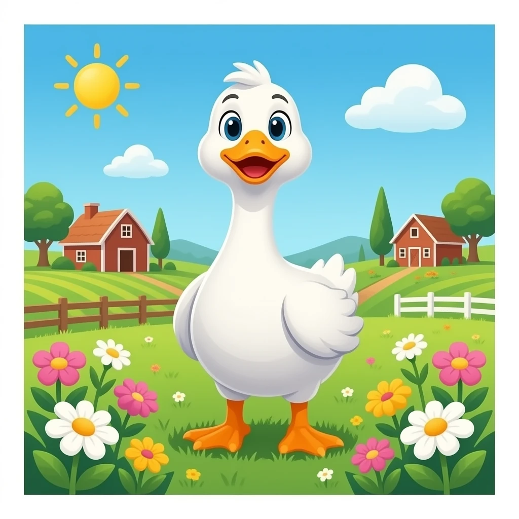 a happy goose on a farm with flowers emoji