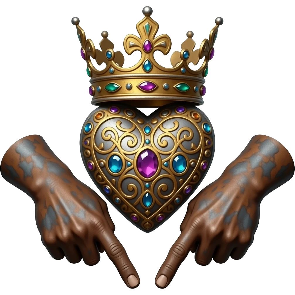two rusty hands touch with their fingers (fingers are pointing downwards)  a rusty heart richly ornamented with arabesques and studded with precious stones with a richly decorated royal crown, dramatic lighting - backlight emoji