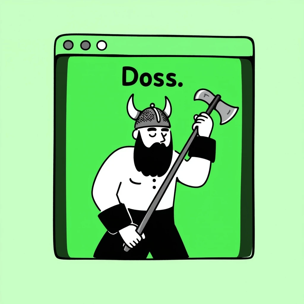 Black and green MS-DOS style window with the prompt 'Doss', containing a bearded viking in ASCII art inside the window emoji