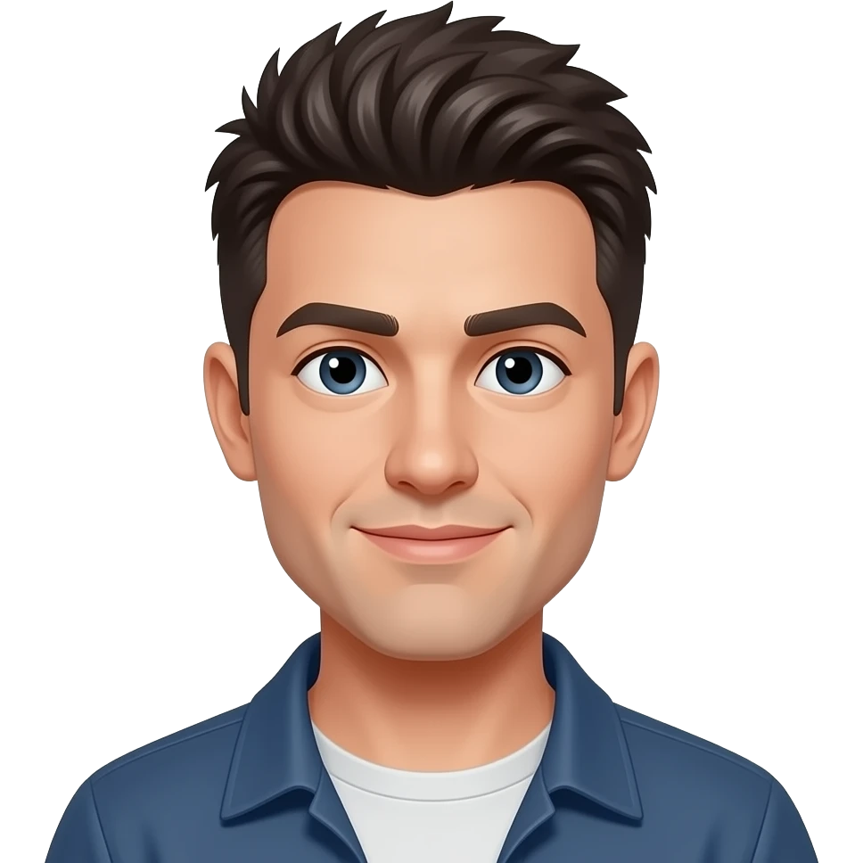 same image with no beard or stubble, very short messy hair on the top emoji