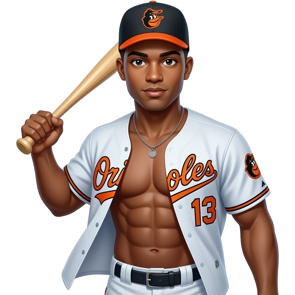 make a black skinned 20 year old man in a brown low taper fade wearing a baseball oriole jersey that is unbuttoned and you can see a lot of abs and big muscles and the jersey is orioles and an orioles hat and he is going up to bat ready to swing emoji
