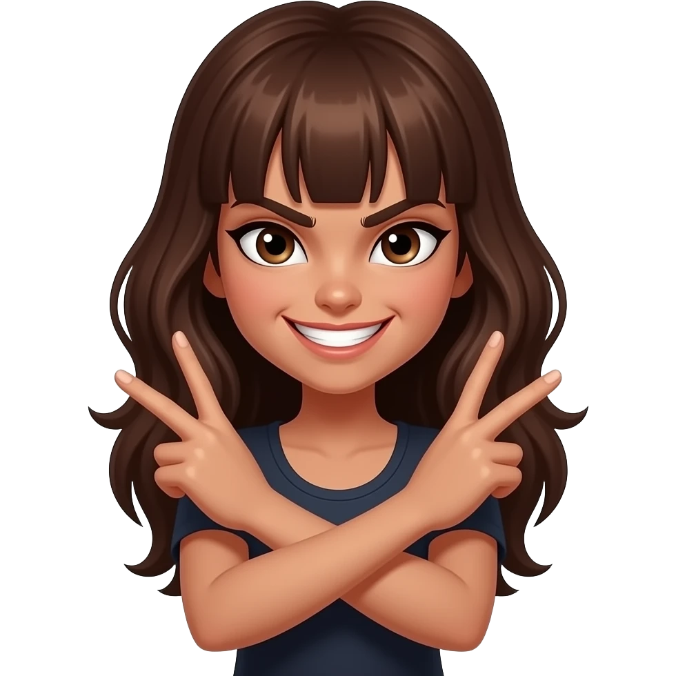Brown hair girl with an evil smirk on her face but tanish skin more of a smirk  and hands crossing each other like evil emoji