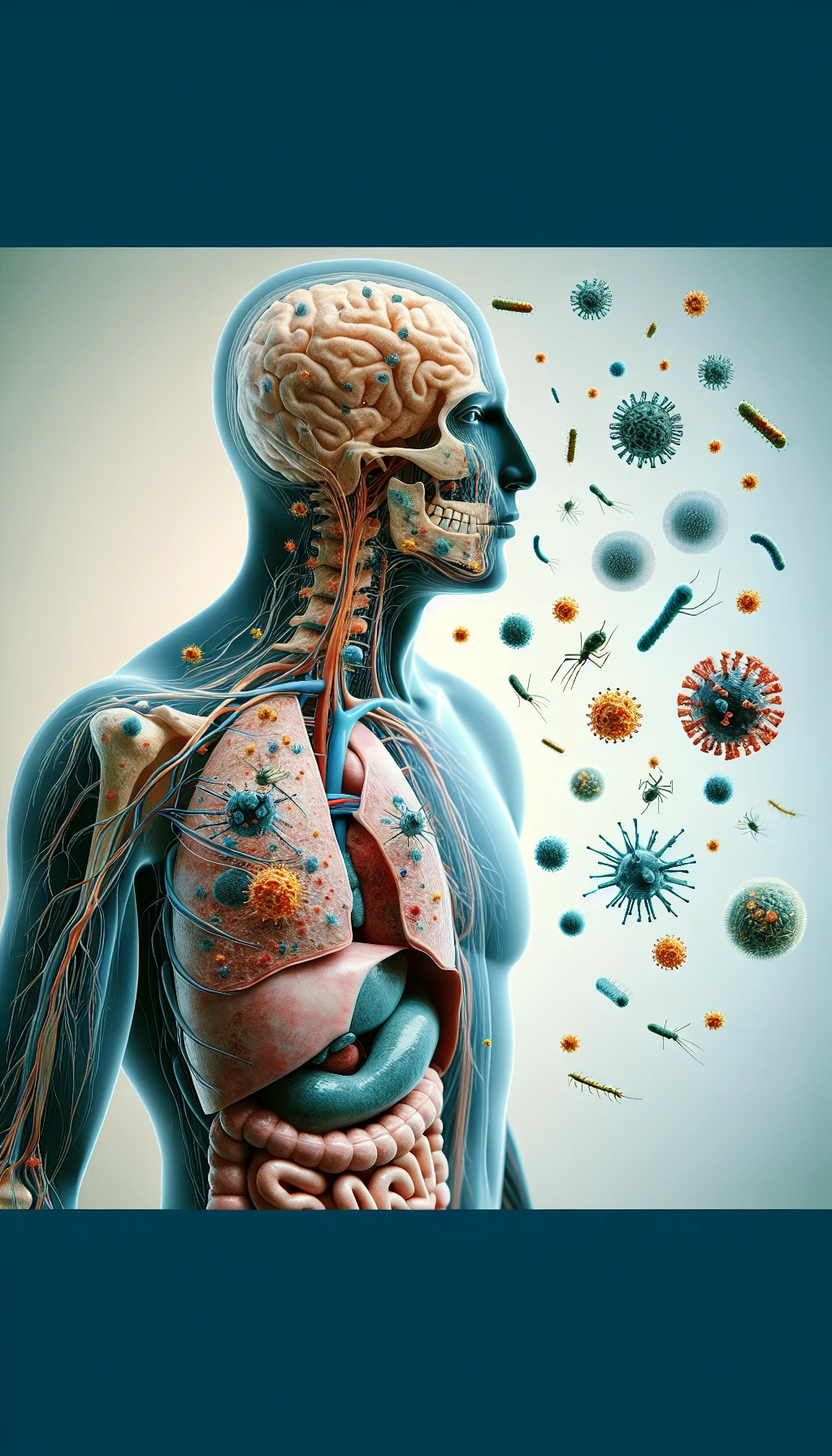 corpo umano anatomico di profilo con virus e parassiti che cercano di attaccarlo , sfondo neutro chiaro, iperrealistico 4k emoji