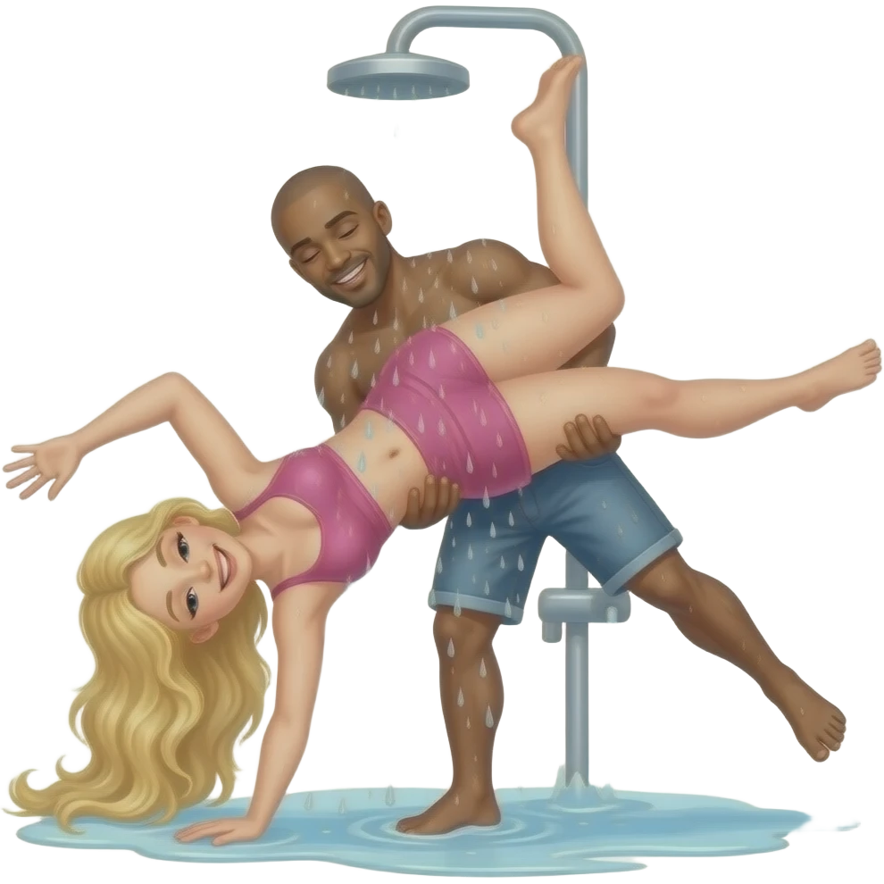 Topples Blonde girlfriend taking a shower together with black boyfriend with bald head emoji
