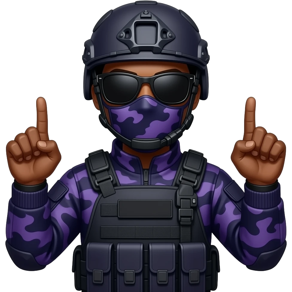 Black Man in large black sungoggles dark purple camoflage tactical gear helmet mask giving both middle fingers emoji