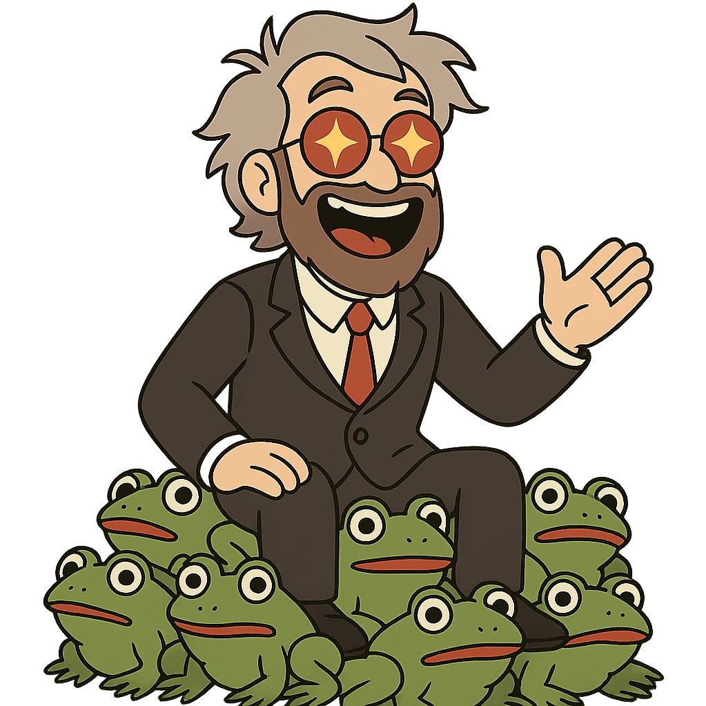 A middle-aged animated man with light grey tousled medium-length hair and a thick well-groomed brown-grey beard, wearing round glasses with red lenses that reflect bright orange-yellow stars. He has a very joyful, charismatic expression with an open-mouthed smile showing teeth. He is dressed in a formal black suit, white shirt, and red tie, sitting on a pile of green frogs with big eyes and red lips. emoji