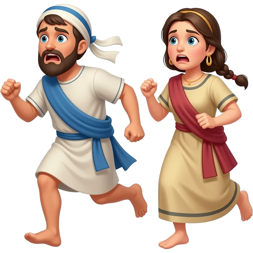 Hebrew men and women from ancient biblical times with a terrified look on their faces running emoji