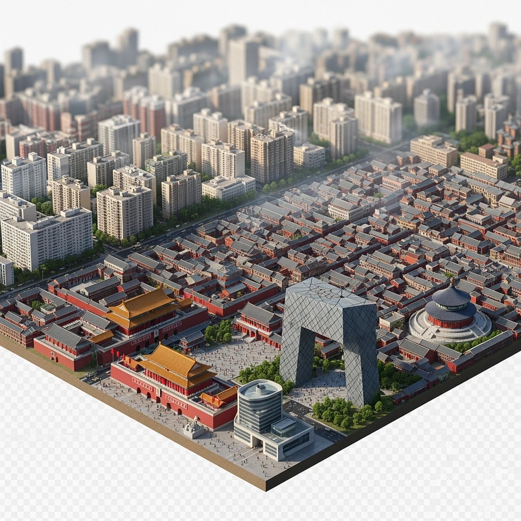 Isometric miniature of Beijing Forbidden City, Tiananmen Square, CCTV Headquarters, Temple of Heaven, and crowded hutong alleys, sprawling apartment blocks, smoggy skyline, 3D miniature effect and Tilt Shift effect, no cartoonish look, transparent background. emoji