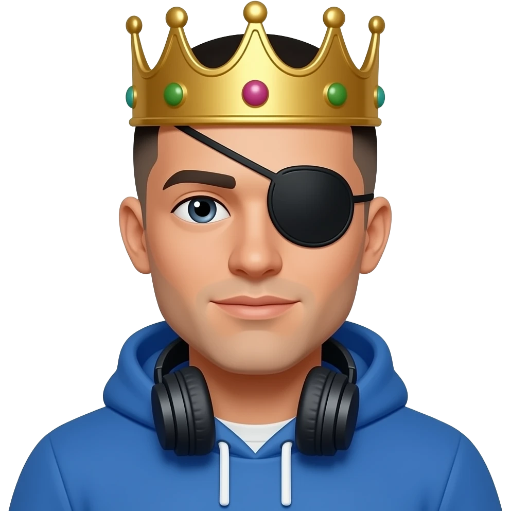 Make a man who has a blue hoodie with headphones on his neck have a crown with a black eyes cover black box and with a short white male black buzz cut and make him a white male emoji