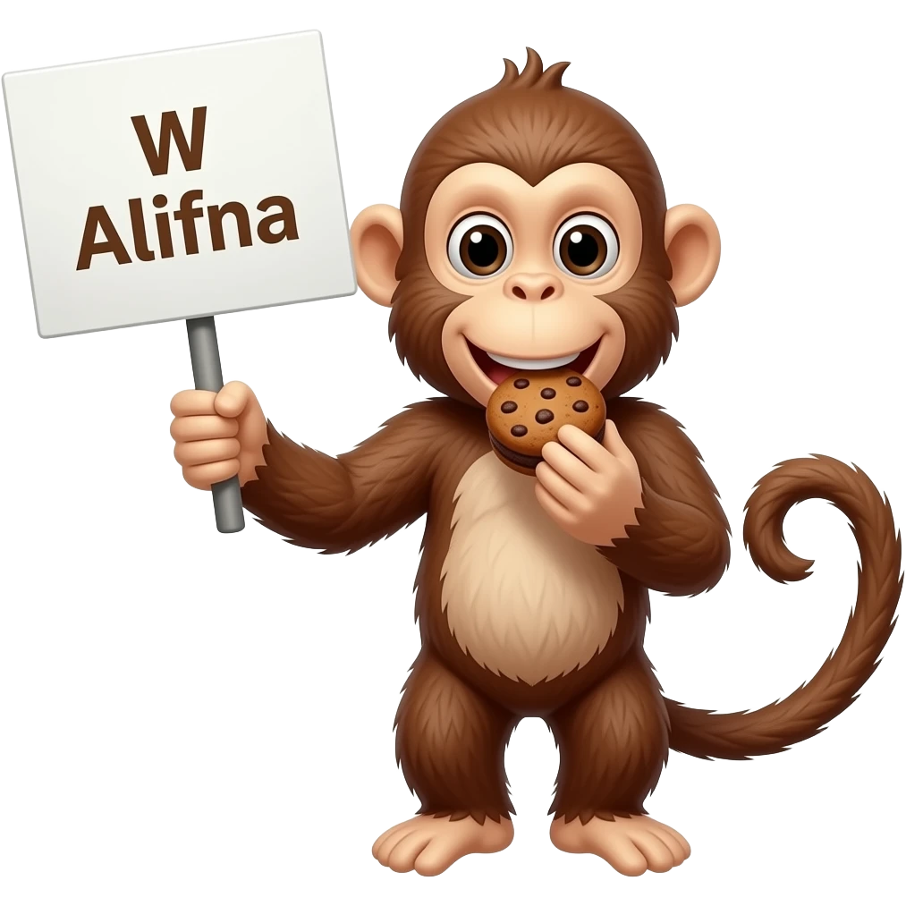make a monkey with a sign, "W Alifna" eating a  brownie emoji