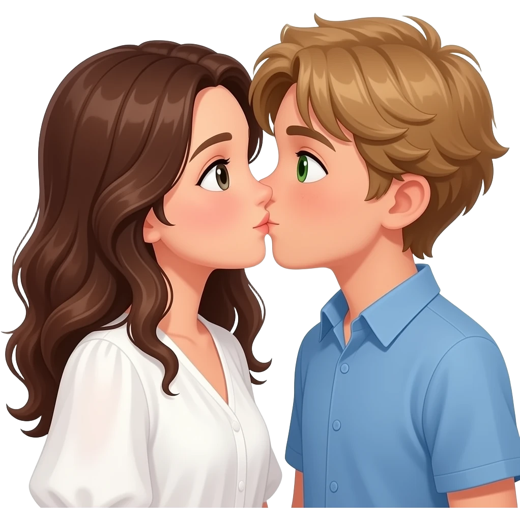 a girl with wavy long hair brown hair with middle part with dark brown eyes wearing a white flowy blouse and a guy with oval face slightly tan small green eyes and blond-brown shaggy hair wearing blue collar shirt and they are both kissing each other emoji