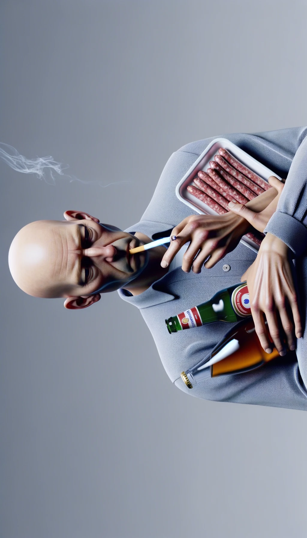 CORPO UMANO ANATOMICO TIENE UNA SIGARETTA IN BOCCA E STA FUMANDO MENTRE TIENE TRA LE BRACCIA UNA BIRRA E WURSTEL CONFEZIONATI, LI GUARDA CON ESPRESSIONE INDECISA IN VOLTO, NEUTRAL CLEAR BACKGROUND, iperrealistico 4k emoji