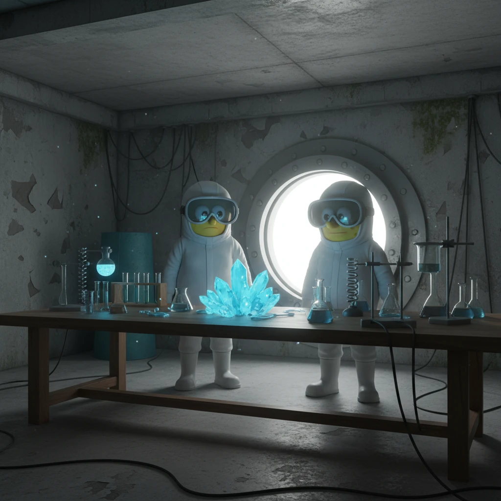 3D cienmatic cartoon shot, spongebob and patric dress in safety glasses and safe white outfit, the are standing front of table with blue crystals on table glowing (light source) science room in basement, back light, Cinema 4d render, proffesional lightning emoji