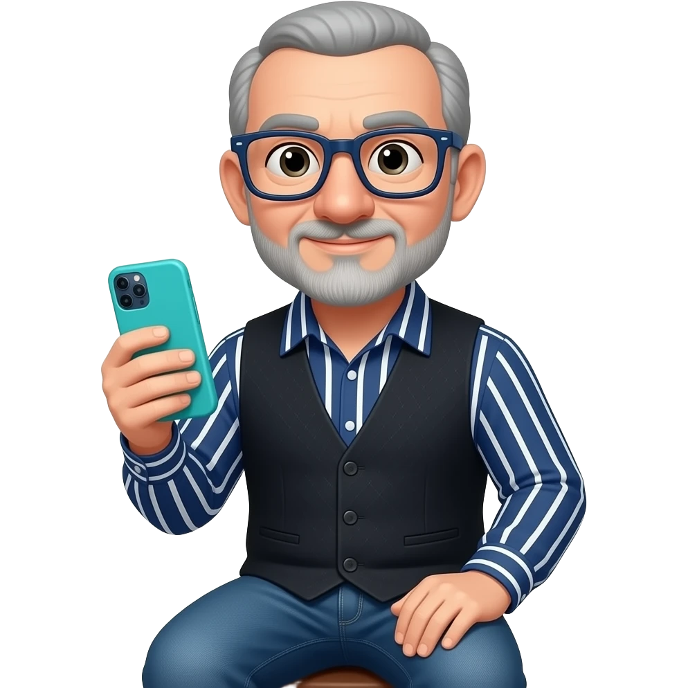 Señor sentado orejas grandes gafas cuadradas azul oscuras nariz grande y un poco de barba gris y casi calvo canoso Está con un teléfono móvil de funda turquesa y una camisa azul marino con líneas blancas verticales y horizontales que se cruzan encima un chaleco de tela negro y vaqueros azules. emoji