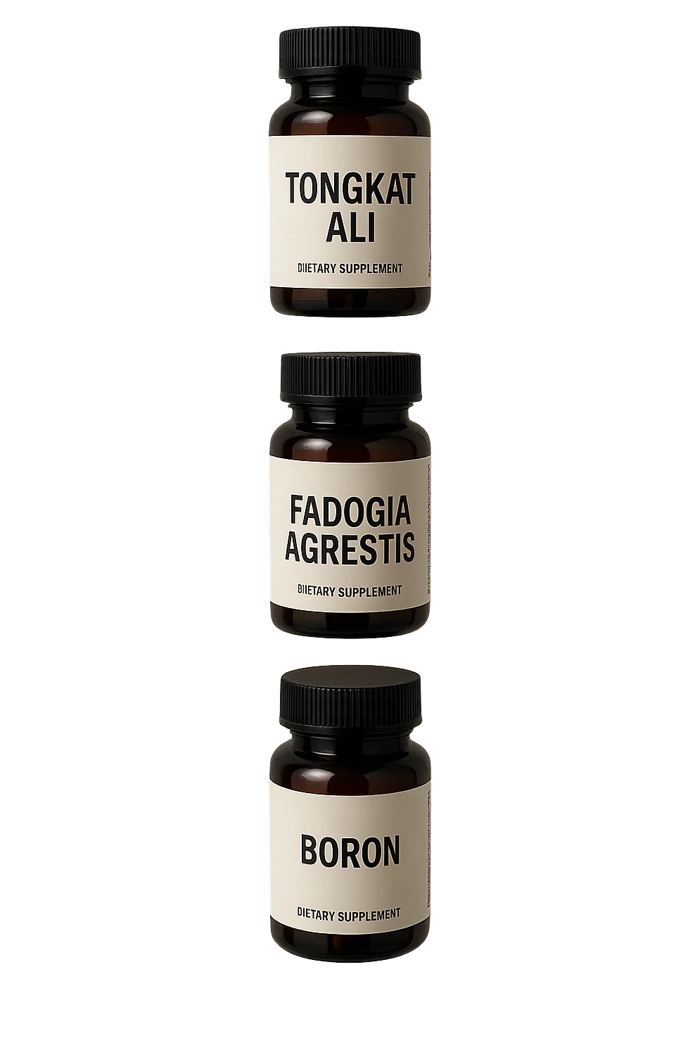 4 boccette di integratore: Tongkat Ali, Fadogia Agrestis, Boron e Zinco fluttuano in aria verticalmente emoji