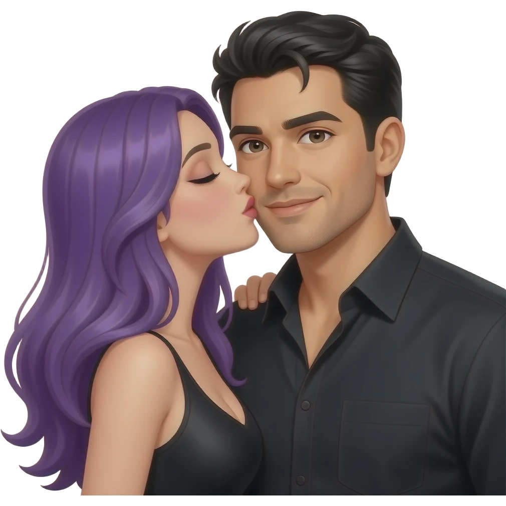 sexy girl with long purple hair and purple gets kiss from an attractive man in black clothes and black hair emoji