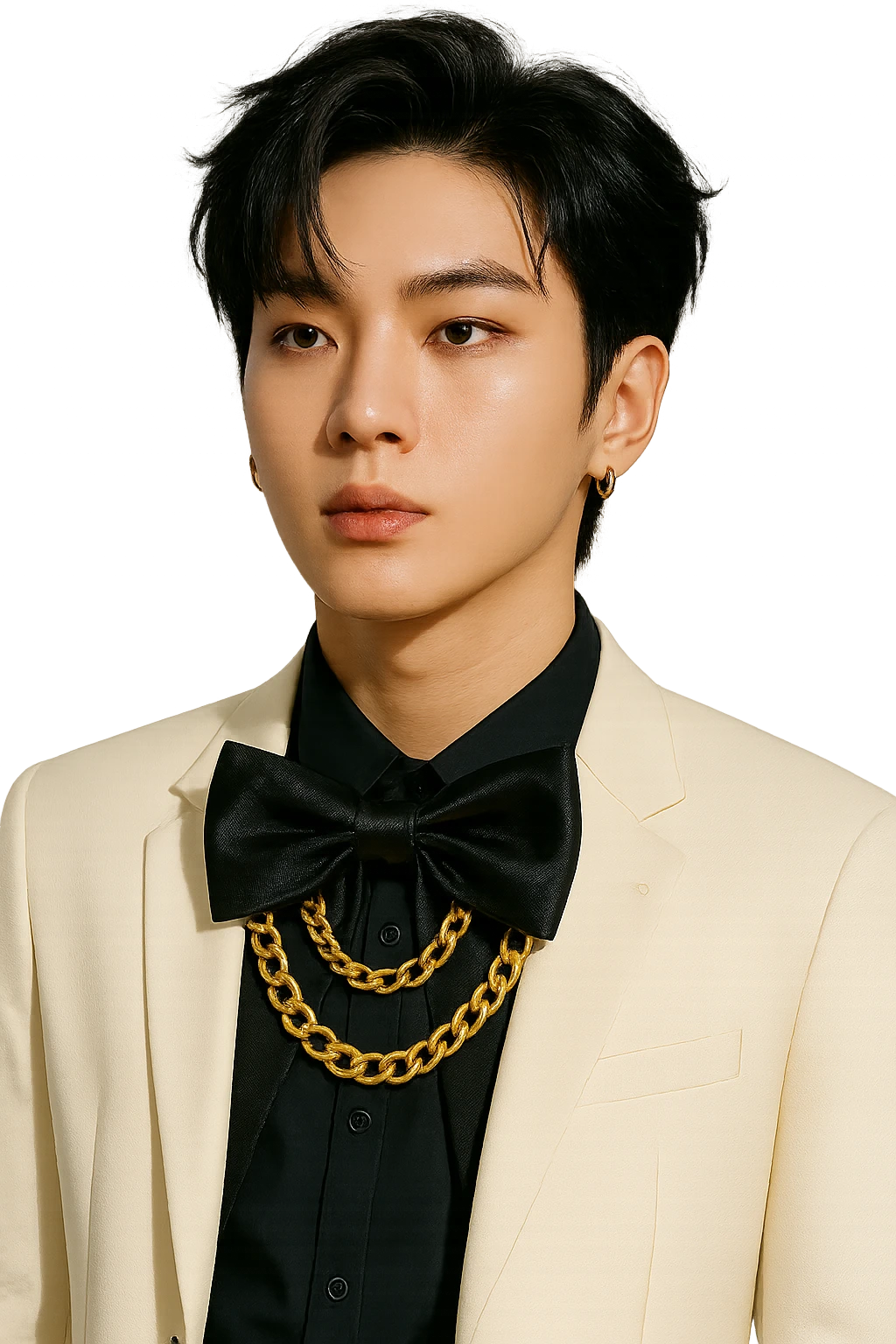 kpop idol bow tie with gold chains, fashionable emoji