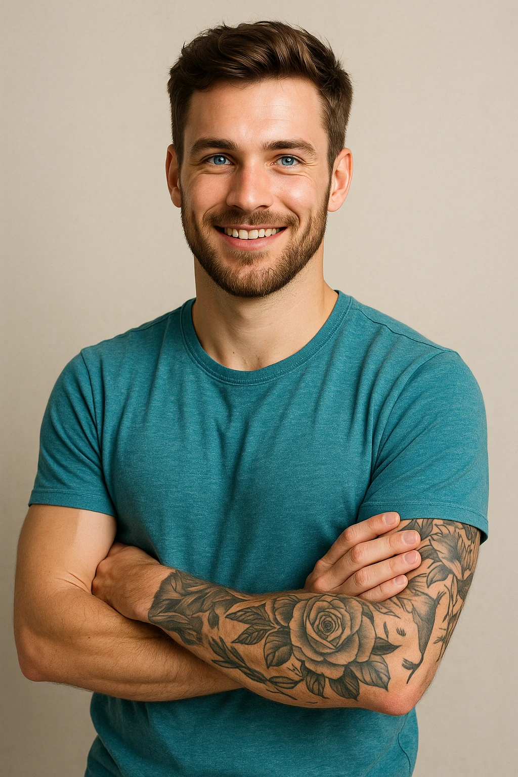 A young man, 25, with blue eyes, brown hair, short beard, visible tattoos on his left arm, arms crossed, smiling confidently. emoji