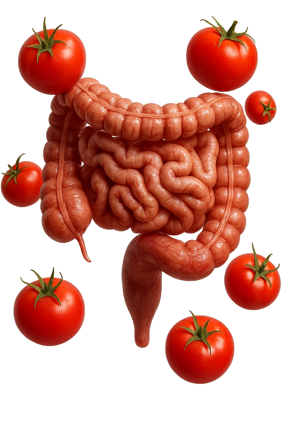 intestino umano anatomico con pomodori che gli fluttuano intorno, iperrealistico 4k emoji