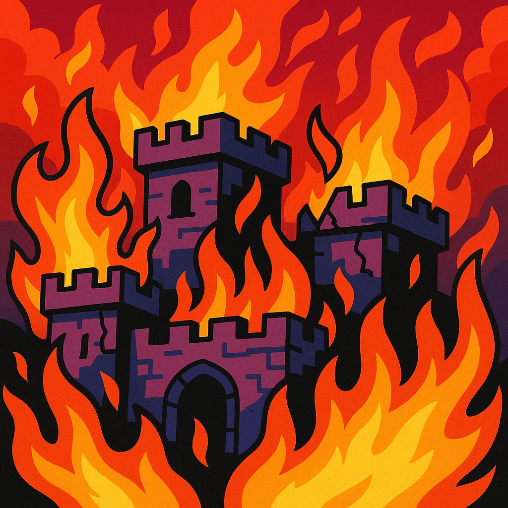 castle engulfed in flames, vibrant colors, dramatic scene emoji